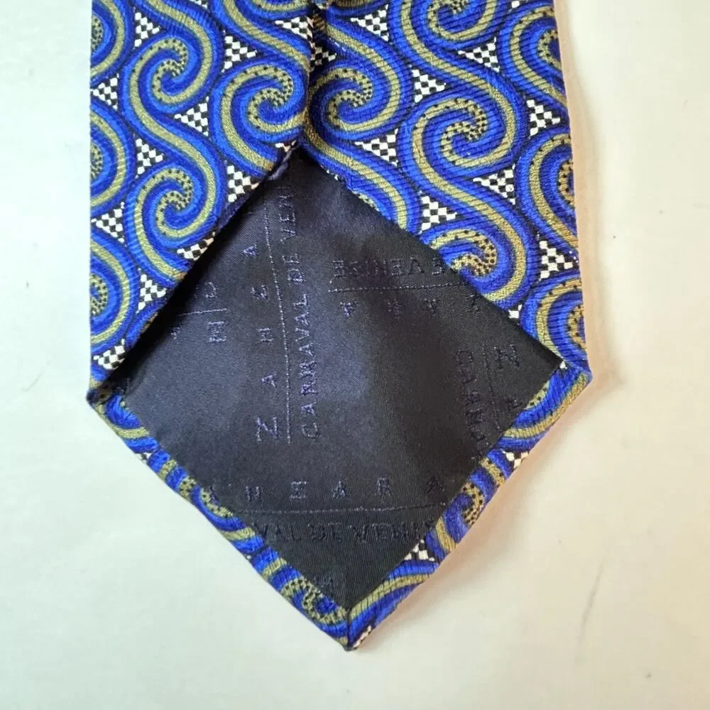 ZanZara Men's Blue Black Mosaic Wave Print 100% Silk Tie